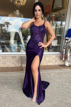 Spaghetti Straps Mermaid Satin Long Corset Prom Dress with Beading