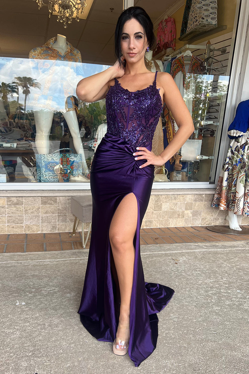Spaghetti Straps Mermaid Satin Long Corset Prom Dress with Beading