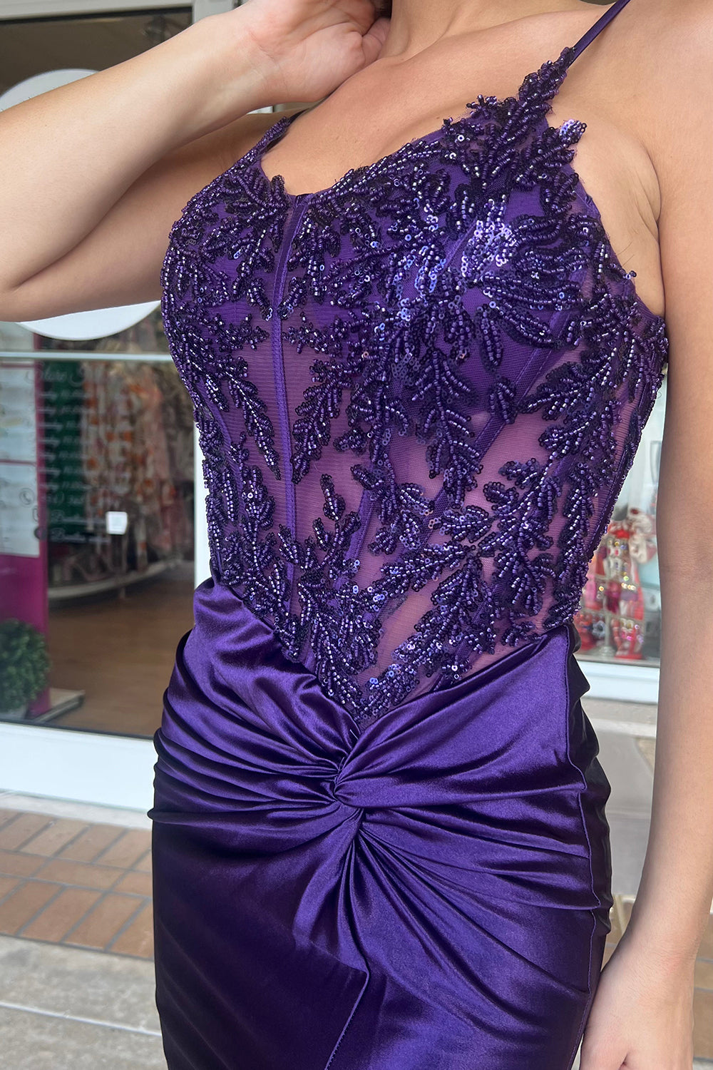 Spaghetti Straps Mermaid Satin Long Corset Prom Dress with Beading