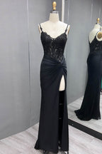 Spaghetti Straps Mermaid Satin Corset Long Corset Prom Dress with Appliques
