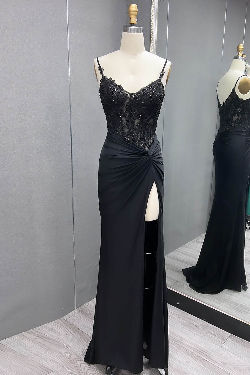Spaghetti Straps Mermaid Satin Corset Long Corset Prom Dress with Appliques