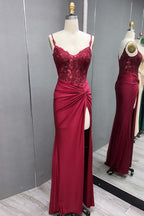 Spaghetti Straps Mermaid Satin Corset Long Corset Prom Dress with Appliques