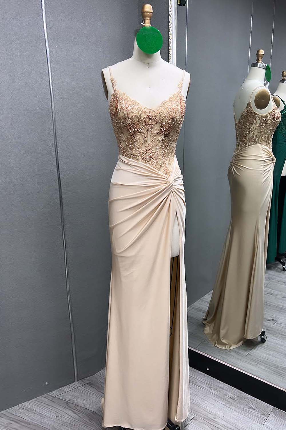 Spaghetti Straps Mermaid Satin Corset Long Corset Prom Dress with Appliques