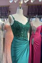 Spaghetti Straps Mermaid Satin Corset Long Corset Prom Dress with Appliques