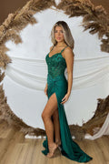 Spaghetti Straps Mermaid Satin Corset Long Corset Prom Dress with Appliques