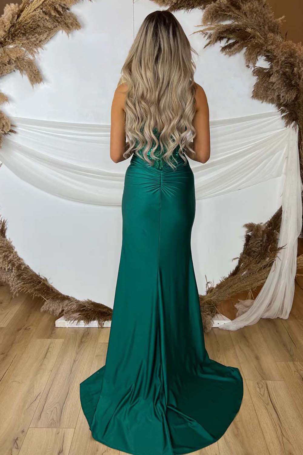 Spaghetti Straps Mermaid Satin Corset Long Corset Prom Dress with Appliques