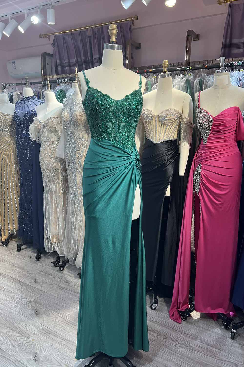 Spaghetti Straps Mermaid Satin Corset Long Corset Prom Dress with Appliques