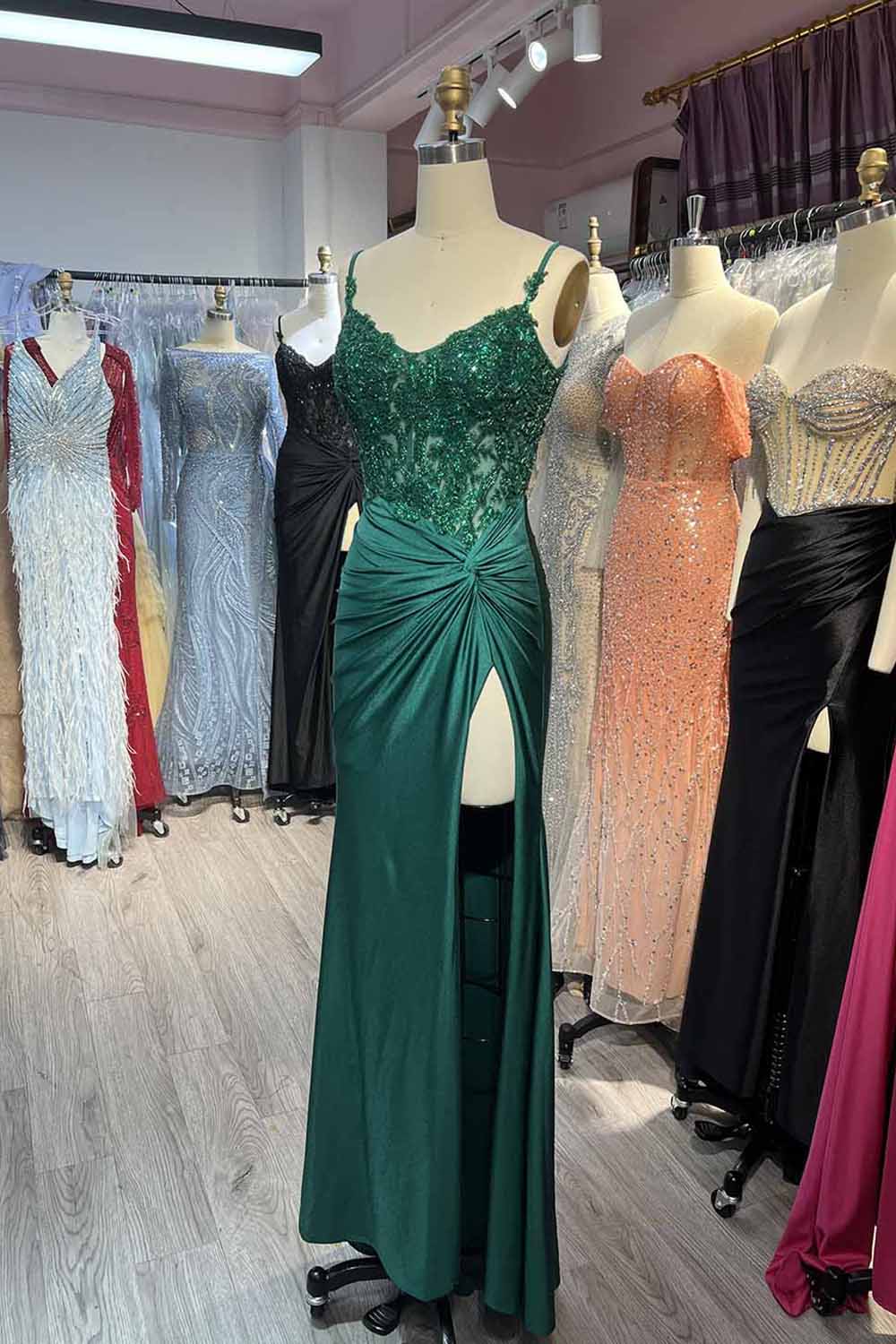 Spaghetti Straps Mermaid Satin Corset Long Corset Prom Dress with Appliques