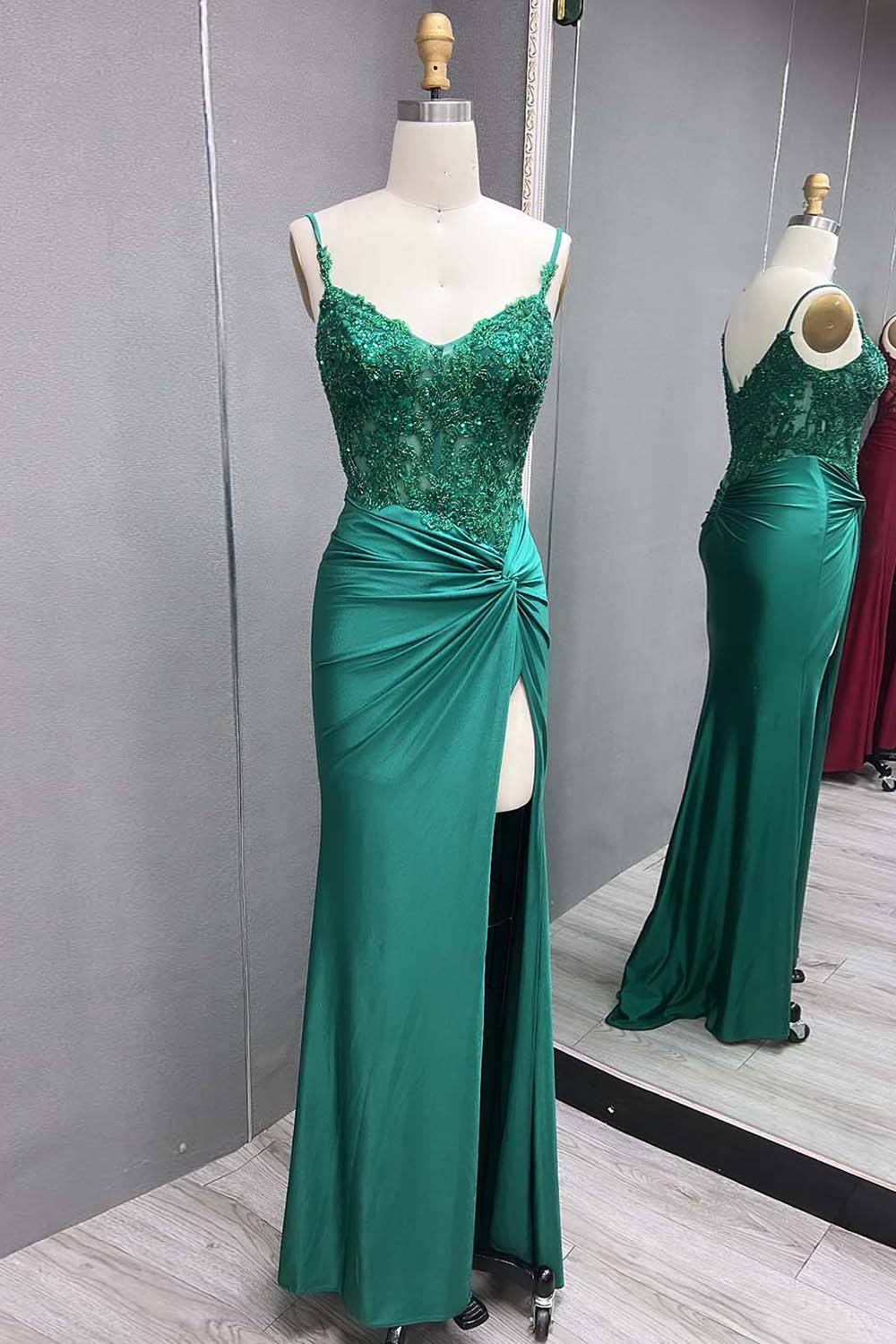 Spaghetti Straps Mermaid Satin Corset Long Corset Prom Dress with Appliques