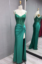 Spaghetti Straps Mermaid Satin Corset Long Corset Prom Dress with Appliques