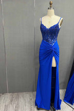 Spaghetti Straps Mermaid Satin Corset Long Corset Prom Dress with Appliques