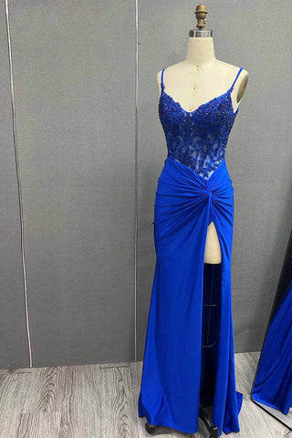 Vestido largo de fiesta tipo corsé de sirena con tirantes finos y apliques, de satén.