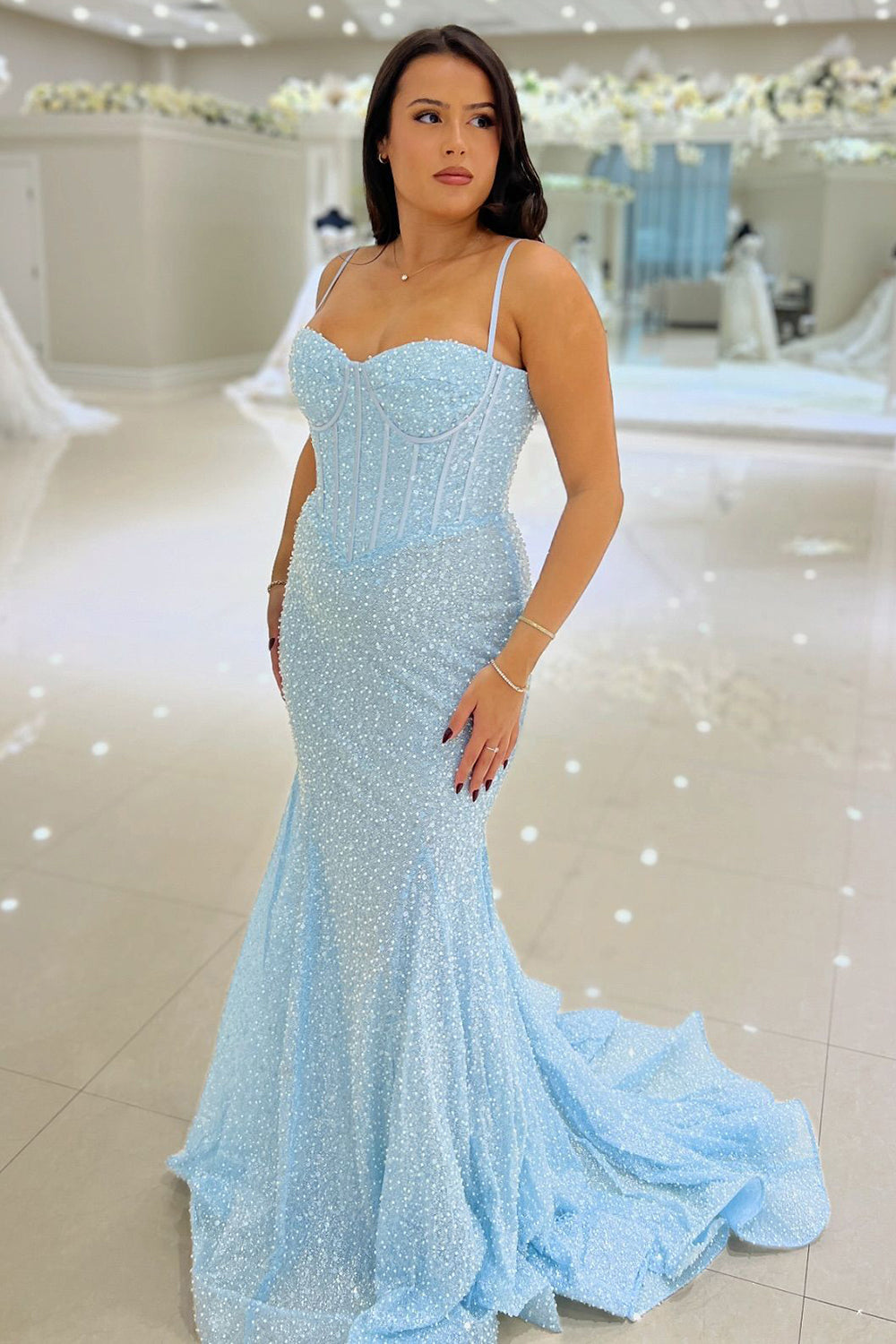 Sparkly Pink Spaghetti Straps Mermaid Sequins Long Corset Prom Dress