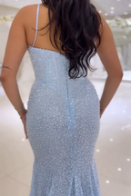 Sparkly Pink Spaghetti Straps Mermaid Sequins Long Corset Prom Dress