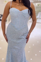 Sparkly Pink Spaghetti Straps Mermaid Sequins Long Corset Prom Dress
