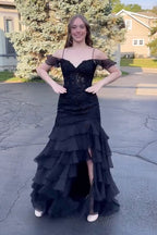 Robe de bal longue sirène à épaules dénudées en mousseline de soie à volants et appliques