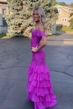 Robe de bal longue sirène à épaules dénudées en mousseline de soie à volants et appliques