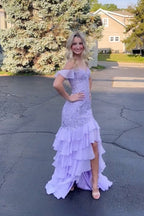 Robe de bal longue sirène à épaules dénudées en mousseline de soie à volants et appliques