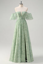 Sage Off the Shoulder A-Line Chiffon Ruched Long Prom Dress with Slit