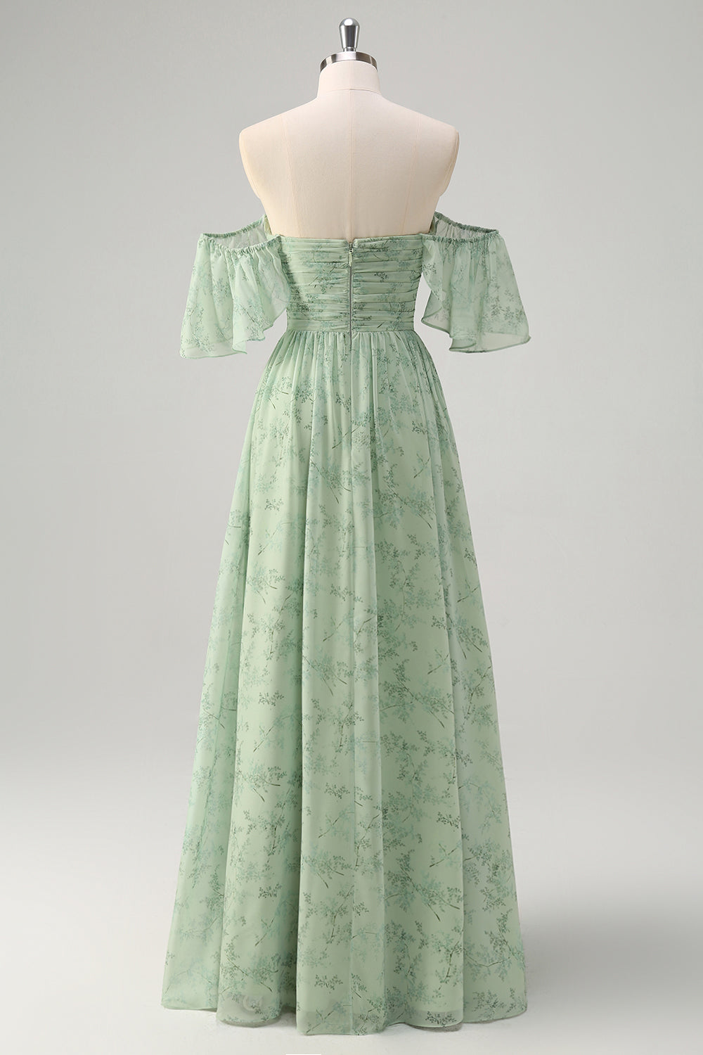 Sage Off the Shoulder A-Line Chiffon Ruched Long Prom Dress with Slit