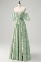 Sage Off the Shoulder A-Line Chiffon Ruched Long Prom Dress with Slit
