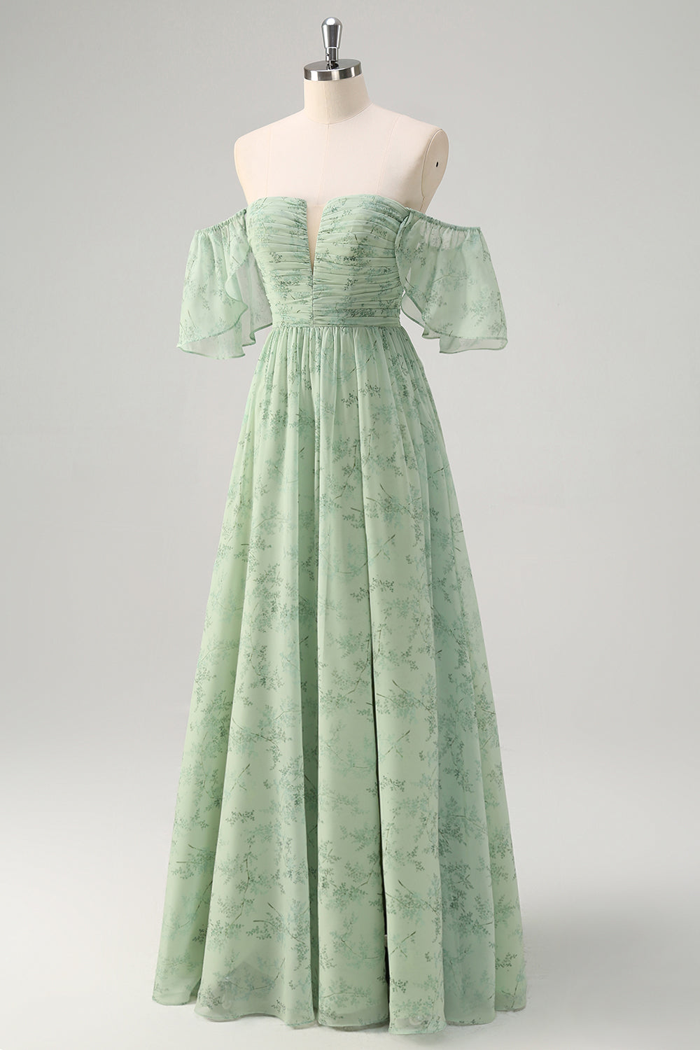 Sage Off the Shoulder A-Line Chiffon Ruched Long Prom Dress with Slit