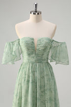 Sage Off the Shoulder A-Line Chiffon Ruched Long Prom Dress with Slit