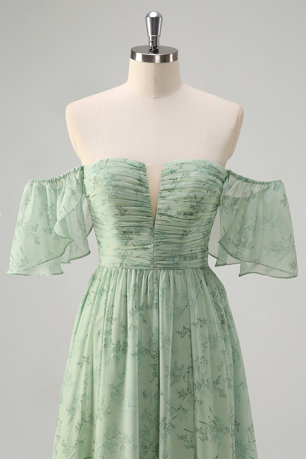 Sage Off the Shoulder A-Line Chiffon Ruched Long Prom Dress with Slit