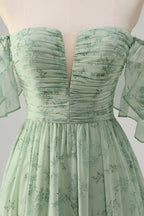 Sage Off the Shoulder A-Line Chiffon Ruched Long Prom Dress with Slit