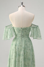 Sage Off the Shoulder A-Line Chiffon Ruched Long Prom Dress with Slit