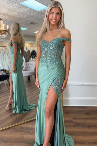 Off the Shoulder Mermaid Appliqued Long Corset Prom Dress with Slit