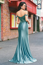 Mermaid Satin Off the Shoulder Long Corset Prom Dress with Appliques