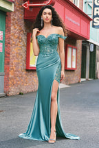 Mermaid Satin Off the Shoulder Long Corset Prom Dress with Appliques