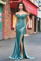 Mermaid Satin Off the Shoulder Long Corset Prom Dress with Appliques