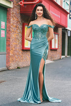 Mermaid Satin Off the Shoulder Long Corset Prom Dress with Appliques