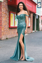 Mermaid Satin Off the Shoulder Long Corset Prom Dress with Appliques
