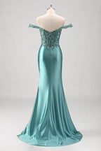 Mermaid Satin Off the Shoulder Long Corset Prom Dress with Appliques