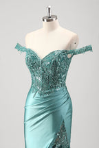 Mermaid Satin Off the Shoulder Long Corset Prom Dress with Appliques
