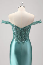 Mermaid Satin Off the Shoulder Long Corset Prom Dress with Appliques