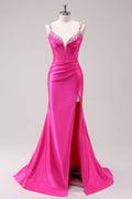Spaghetti Straps Mermaid Satin Long Corset Prom Dress with Slit