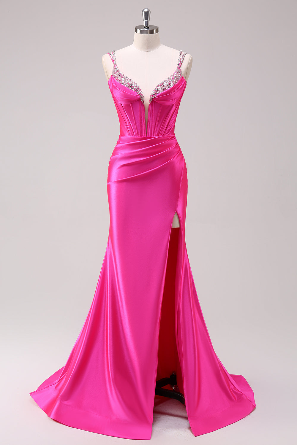 Spaghetti Straps Mermaid Satin Long Corset Prom Dress with Slit
