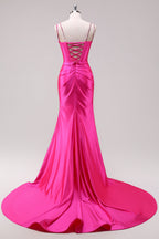Spaghetti Straps Mermaid Satin Long Corset Prom Dress with Slit