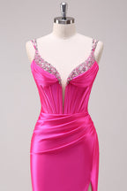 Spaghetti Straps Mermaid Satin Long Corset Prom Dress with Slit