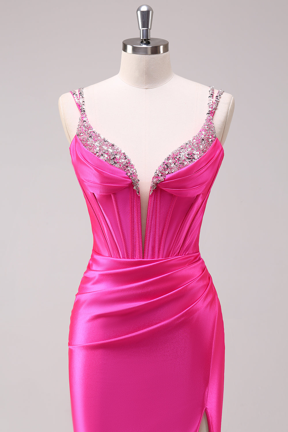 Spaghetti Straps Mermaid Satin Long Corset Prom Dress with Slit