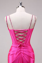 Spaghetti Straps Mermaid Satin Long Corset Prom Dress with Slit