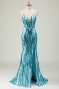 Sparkly Mermaid Spaghetti Straps Sequins Long Corset Prom Dress with Slit