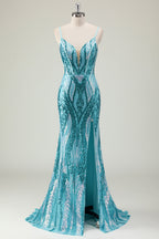 Sparkly Mermaid Spaghetti Straps Sequins Long Corset Prom Dress with Slit