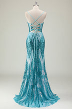 Sparkly Mermaid Spaghetti Straps Sequins Long Corset Prom Dress with Slit