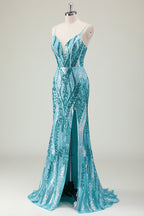 Sparkly Mermaid Spaghetti Straps Sequins Long Corset Prom Dress with Slit