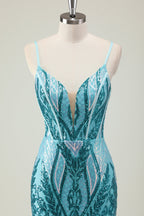 Sparkly Mermaid Spaghetti Straps Sequins Long Corset Prom Dress with Slit
